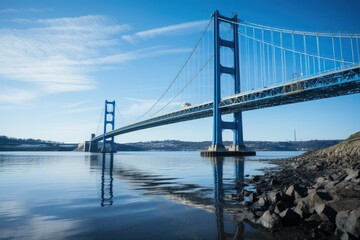 Fototapeta premium A blue suspension bridge spans a calm river under a clear sky, reflecting the surrounding landscape.