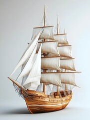 A beautifully crafted wooden sail ship with tall masts and expansive sails showcases traditional craftsmanship and evokes maritime adventure