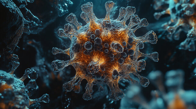 A visual representation of the COVID-9 virus under a microscope, with intricate details of its structure
