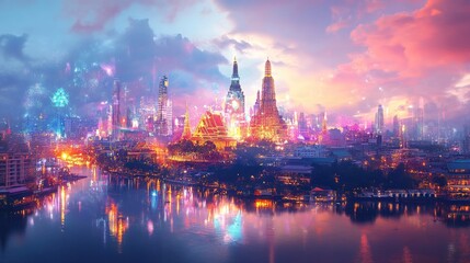 Fototapeta premium Vibrant Cityscape at Dusk with Illuminated Skyscrapers and Reflective River in a Futuristic Urban Setting