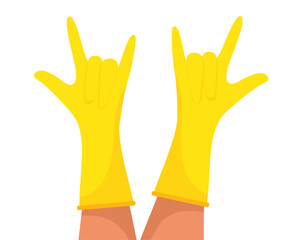 Cleaning yellow gloves shows a rock gesture. Vector isolated on a white background.