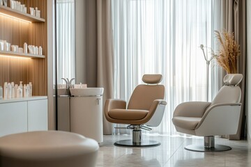 A beauty clinic consultation room with comfortable seating, modern decor, and a professional setting. Ideal for commercial use with blank space.