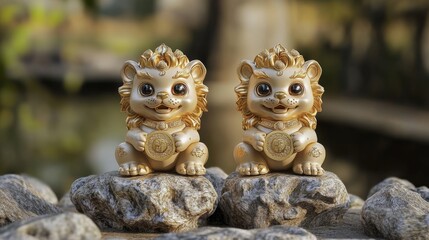 Fototapeta premium Two intricately designed golden lion figurines sit on rocks, reflecting cultural significance and artistry
