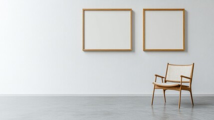 A white chair is sitting in front of two empty picture frames