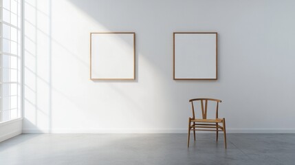 A chair is sitting in front of two empty picture frames