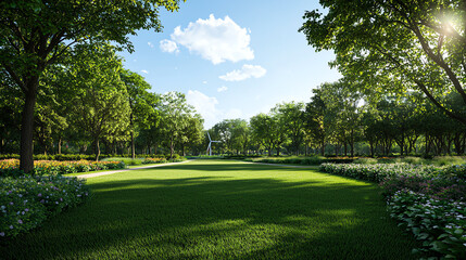 Fototapeta premium Green urban park with nearby electric turbines, visualizing sustainability in community-centered infrastructure