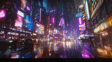 A city street with a lot of neon signs and rain