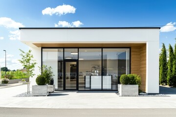A beauty clinic exterior with a modern facade, clear signage, and inviting entrance. Ideal for commercial use with blank space