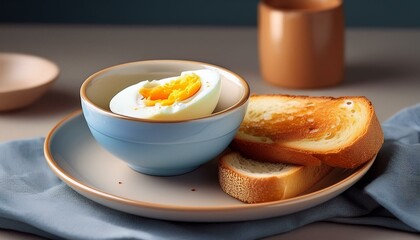 カリカリのトーストと半熟のゆで卵が並ぶ、美しい朝の一皿。シンプルながらも栄養満点で、体をしっかりサポートします。