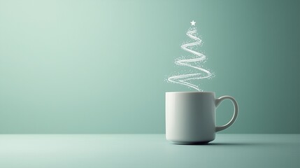 A mug with faint steam forming the shape of a Christmas tree above it