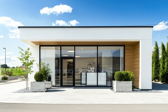 A beauty clinic exterior with a modern facade, clear signage, and inviting entrance. Ideal for commercial use with blank space