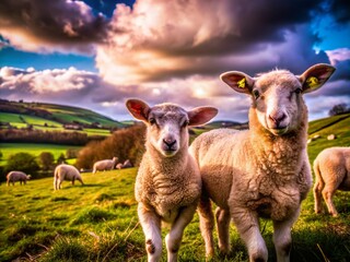 Fototapeta premium Scenic Landscape of Lambs in Co. Antrim, Northern Ireland with Rolling Green Hills and Dramatic Skies