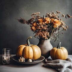an autumn and pumpkin themed table setting