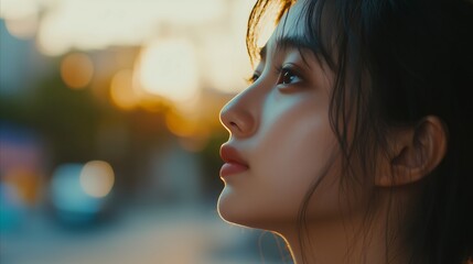 Woman with long dark hair and a red lipstick is looking at the camera