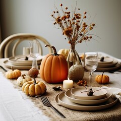 an autumn and pumpkin themed table setting