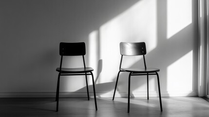 Two black chairs are sitting in front of a white wall
