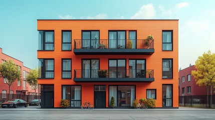 Obraz premium Modern orange building with balconies and greenery in urban setting.