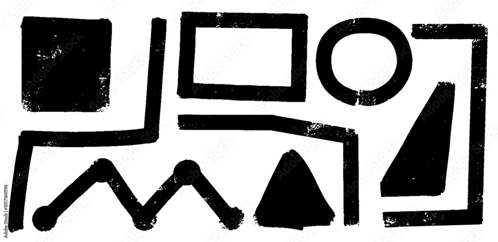 Poster Playful Grunge Shape Set. Bold Ink Curves and Irregular Lines with Brush Strokes and Scribbles. Abstract Hand Drawn Elements, Organic Waves, and Geometric Figures in Vector.