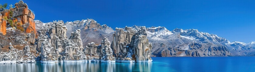 Obraz premium A beautiful mountain range with a blue lake in the foreground