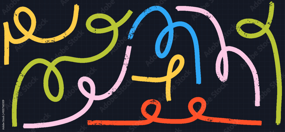 Poster grunge ink curl line set. playful brush shapes with spirals, swirls, and wavy flourishes. trendy abs