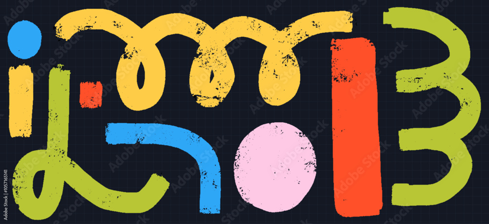 Poster grunge ink curvy shapes set. playful swirls, spirals, and wavy brush strokes in abstract vector. col