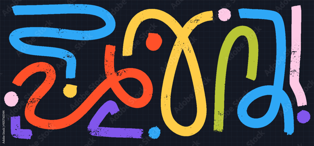 Poster playful grunge lines and shapes set. colorful vector curves, brush strokes, and abstract waves with 