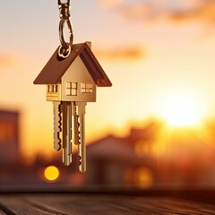 A house-shaped house key, a photograph for an advertisement themed around real estate, home ownership, and sales.