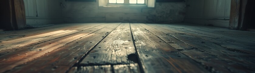 A dark room with a window and a wooden floor