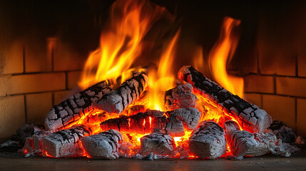 Fototapeta premium Close-Up of Burning Firewood with Glowing Embers and Flames in a Fireplace