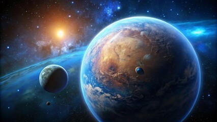 Obraz premium A bright orange star shines in the dark space next to a blue, brown, and green planet, while two smaller moon-like orbs orbit around it.