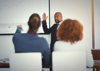 Speaker, question and people in presentation for finance, annual report and pitch for investment in office. Man presenter, investor engagement and chart on screen for growth projection with timeline