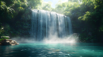 Majestic Waterfall Cascading into a Crystal-Clear Pool in Lush Green Forest Setting
