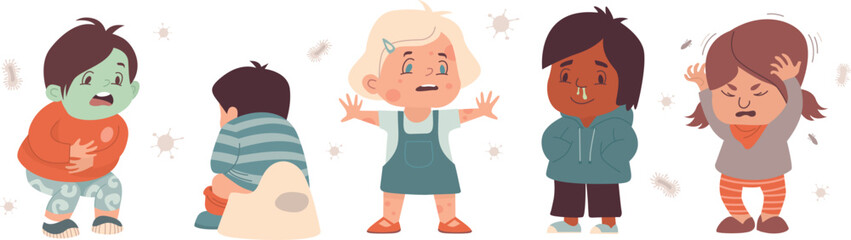 Diseases that spread in kindergartens. Children in daycare suffering from infections. HFMD, pediculosis, diarrhea, flu, runny nose, allergy, chickenpox, enterovirus