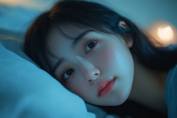 Asian women opened eyes lying on the bed have an insomnia problems, Generative AI