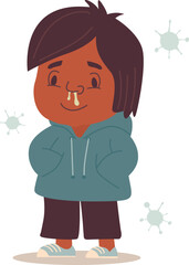 Diseases that spread in kindergartens. Boy in daycare suffering from flu and runny nose.