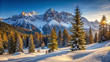 A serene winter landscape with snow-capped mountains, a forest of evergreens, and a soft, golden light that bathes the scene in a warm glow.