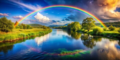 A Majestic Rainbow Arcs Over a Tranquil River, Its Vibrant Hues Reflecting in the Still Water, Surrounded by Lush Greenery and Rolling Hills