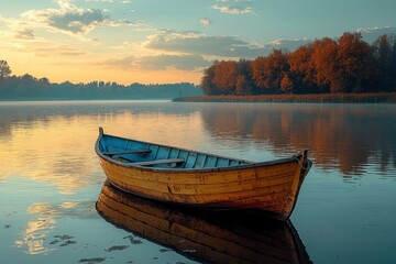 Fototapeta premium A Single Wooden Boat Docked on a Calm Lake at Dawn