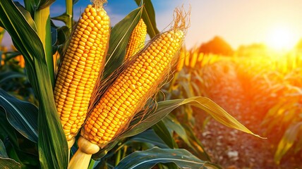 Ripe corn ears on a stalk in a field at sunset.