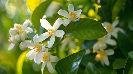Fototapeta premium : Close-up shot of citrus blossoms, their white petals and yellow centers glowing in the spring sun, with a background of glossy green leaves,