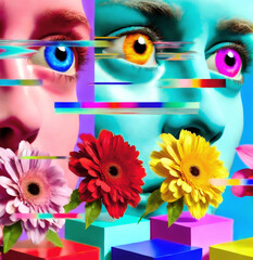 Close-up of colourful faces with glitch effects and vivid eyes, surrounded by vibrant flowers on geometric podiums, creating a surreal, modern composition.