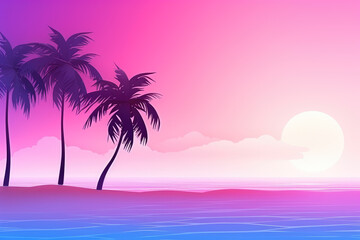 Fototapeta premium A breathtaking sunset with palm trees silhouetted against a vibrant pink and purple sky, reflecting over calm ocean waters. Serene and tropical landscape offering peace.