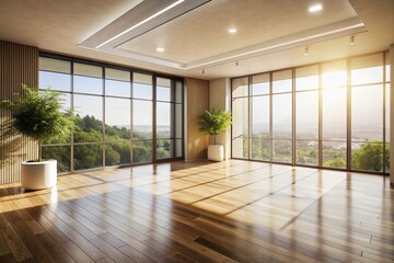 Fototapeta premium Serene Empty Room with Large Windows and Natural Light for Minimalist Interior Design Inspiration