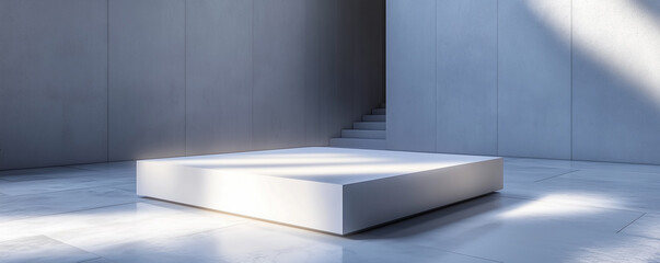 Modern minimalist futuristic architectural space featuring a sleek square platform designed for advertising. The innovative design emphasizes clean lines, open space, 