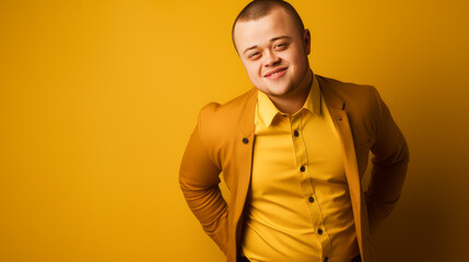 Fototapeta premium Portrait of smiling laughing teenager boy with Down syndrome orange background.