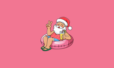 Santa Claus relaxing on a pool float with a drink, peace sign.
