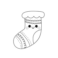 Black and white kawaii Christmas sock. A winter doodle character for a children's coloring book. ...