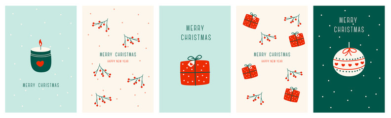 Set Christmas cards with Christmas gift, candle, ball, christmas elements. 