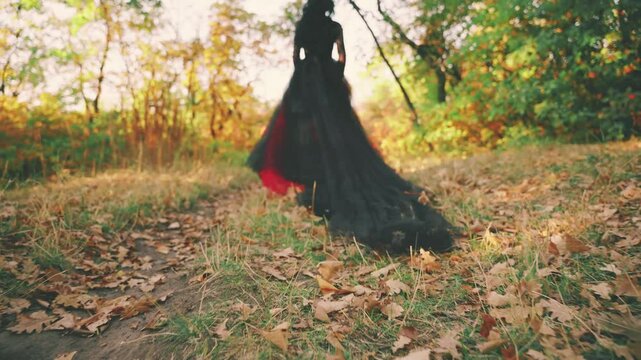 blurred silhouette of woman running in autumn forest, black long dress skirt hem trailing along path covered with fallen leaves gothic. Fantasy witch sexy girl. nature trees Happy lady back rear view 