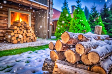 Serene Winter Scene: Slow Motion Snowfall Over Rustic Firewood Stacks in a Tranquil Landscape